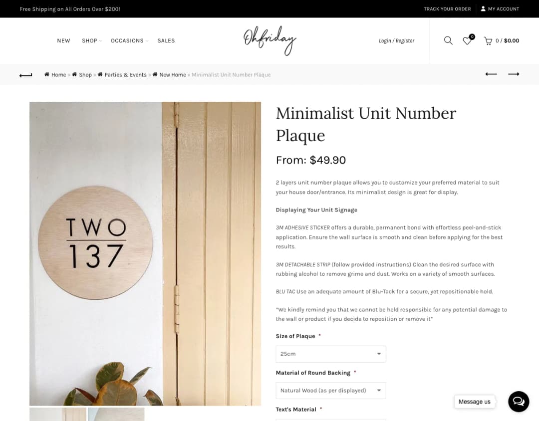 Screenshot of the Oh Friday Minimalist Unit Number Plaque page showing From S$49.90 and a round wooden plaque, taken 29 Oct 2026