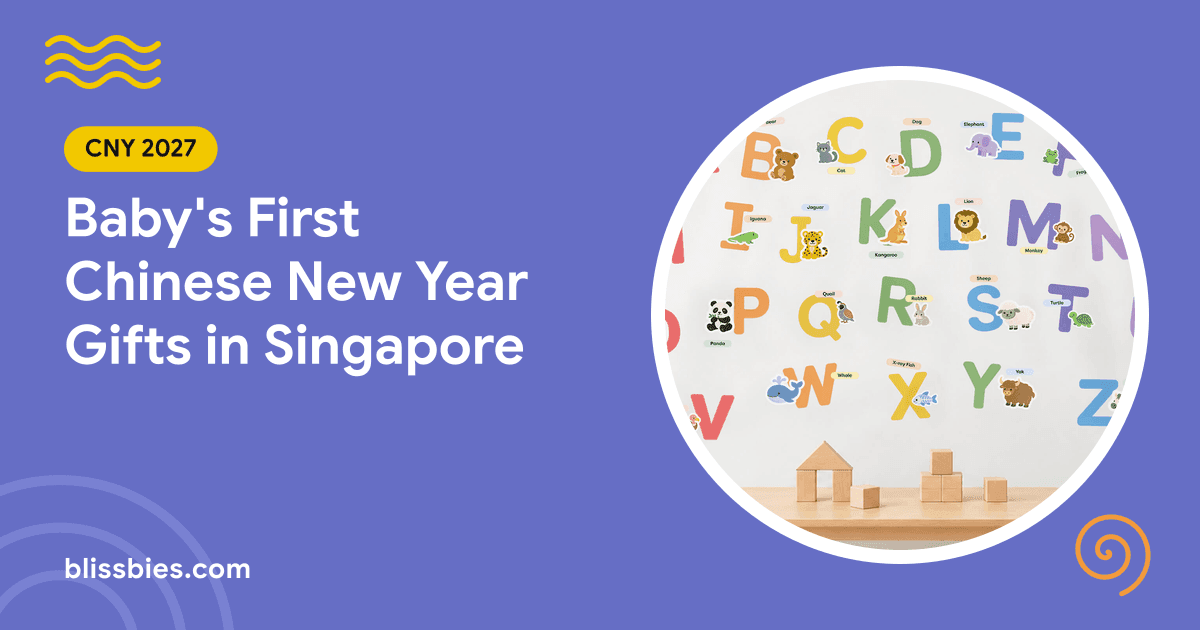 Blissbies title card: Baby's First Chinese New Year Gifts in Singapore, with Blissbies A-Z animals learning wall decals