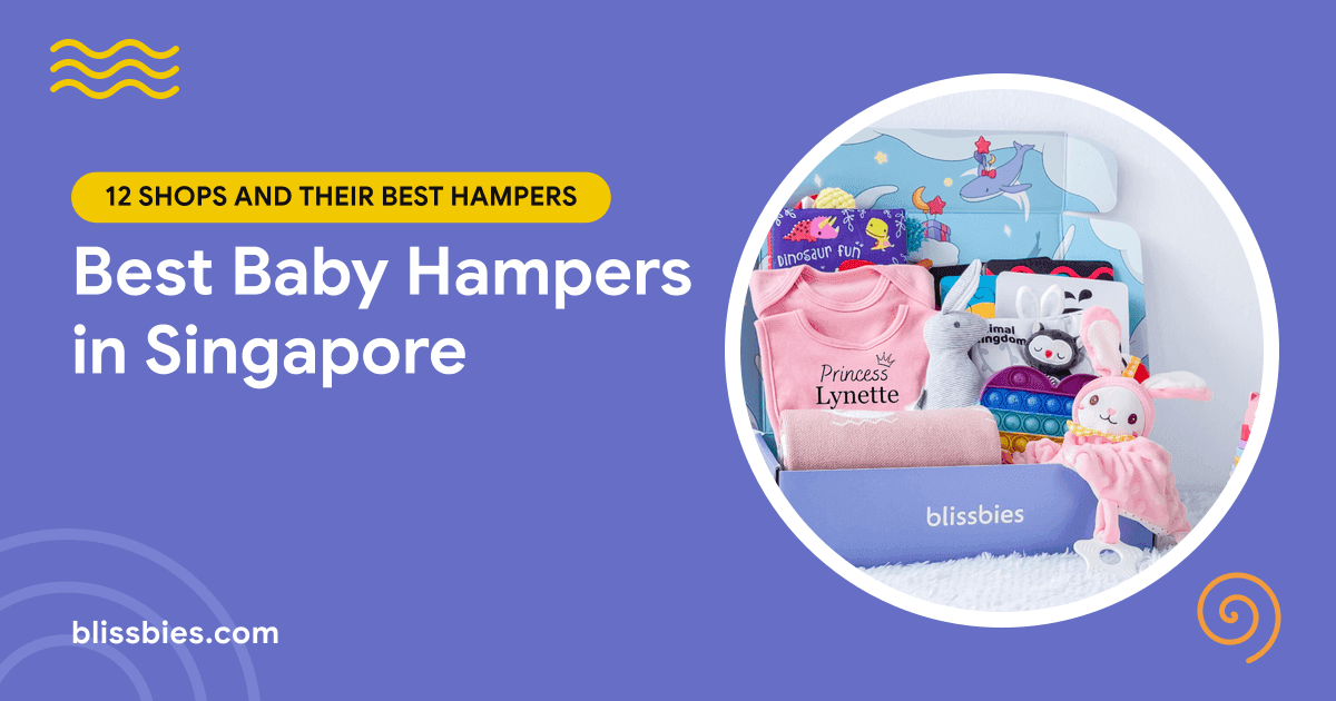 Blissbies title card for the best baby hampers in Singapore, with a Blissbies baby girl hamper with a named romper and soft toys