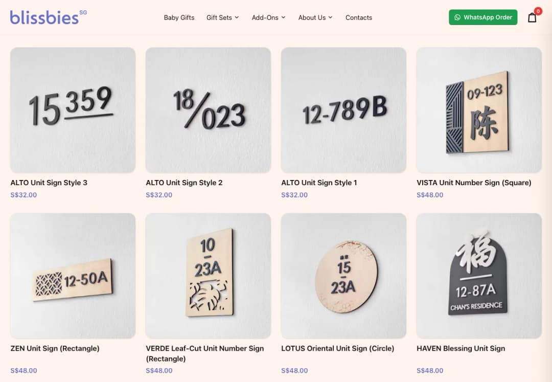 Blissbies Singapore unit number signs collection page showing ALTO, VISTA, ZEN, VERDE, LOTUS and HAVEN signs with prices from S$32 and S$48