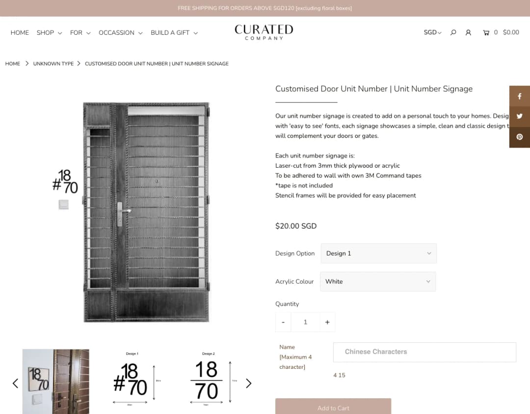 Screenshot of the Curated Company Customised Door Unit Number page showing $20.00 SGD and a #18-70 sign beside a gate, taken 29 Oct 2026