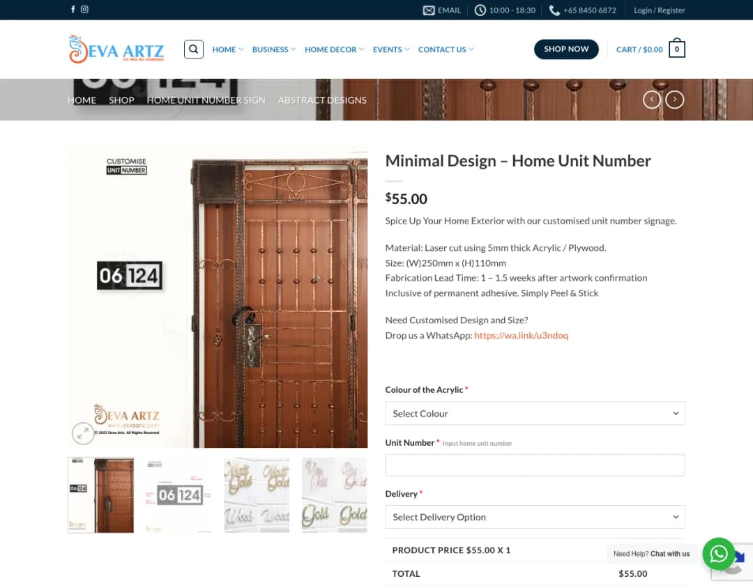Screenshot of the Deva Artz Minimal Design Home Unit Number page showing $55.00 and a 06 124 sign beside a wooden door, taken 29 Oct 2026