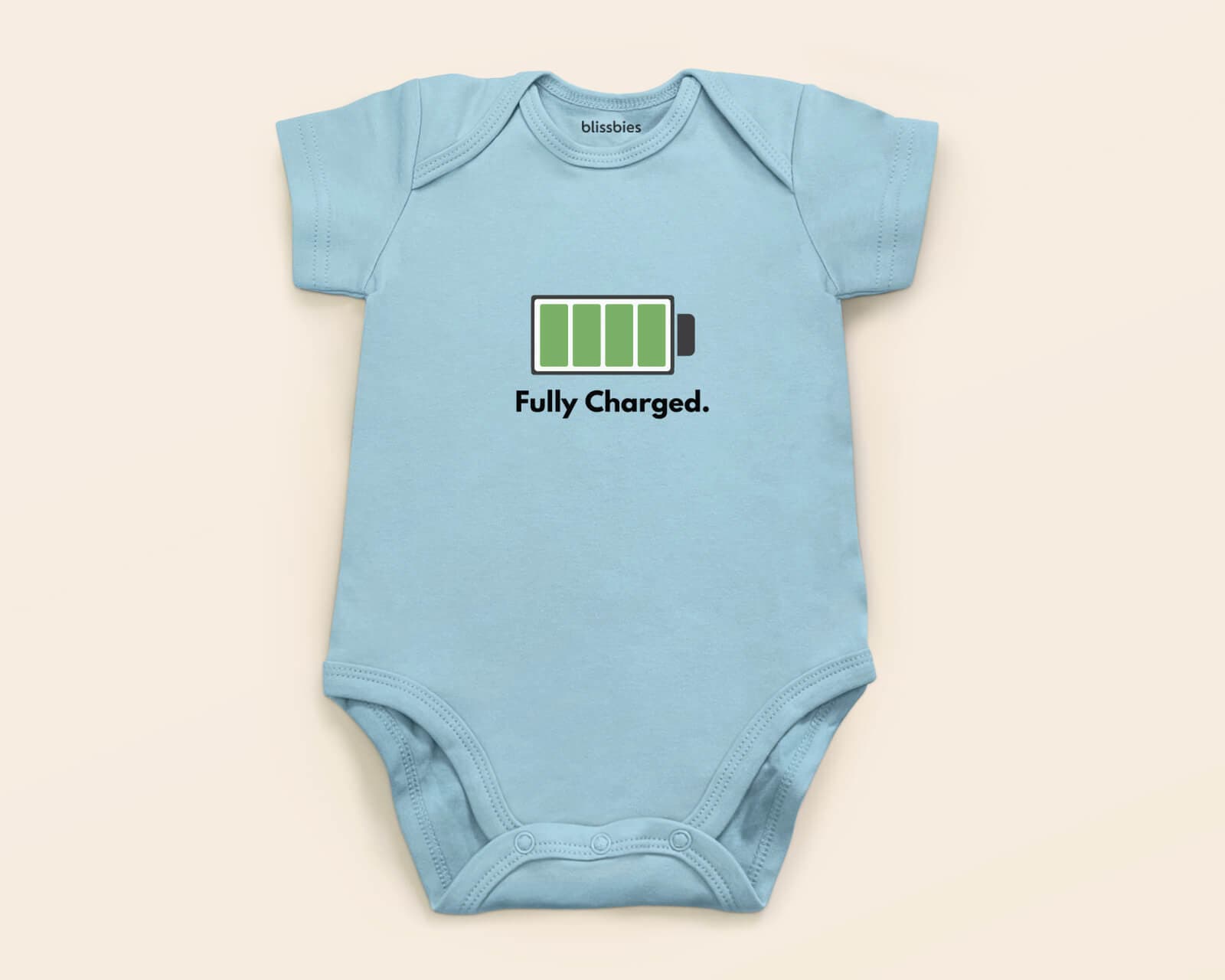 Personalised Baby Romper โ Fully Charged Cutie โ blue romper, battery charged design