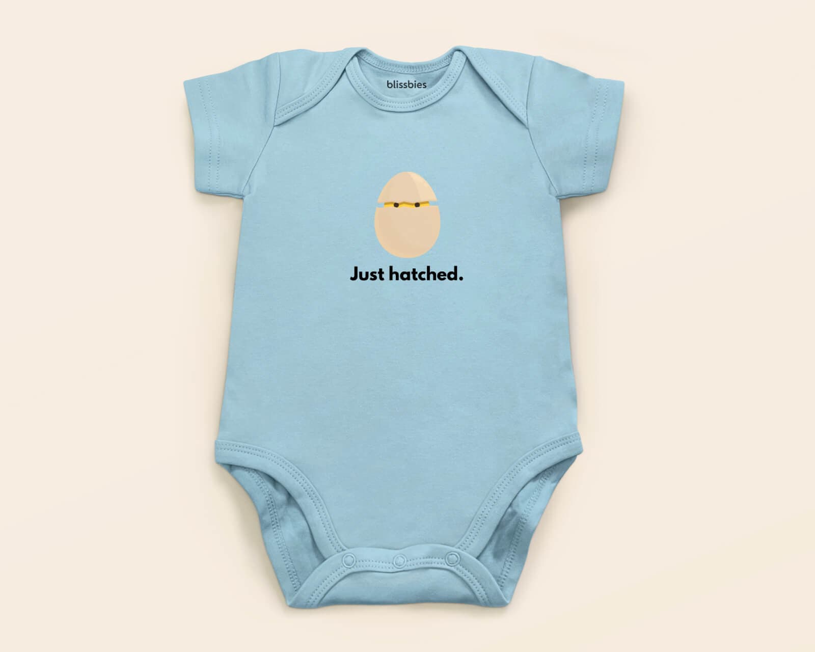 Personalised Baby Romper – Just Hatched – blue romper, egg hatched design