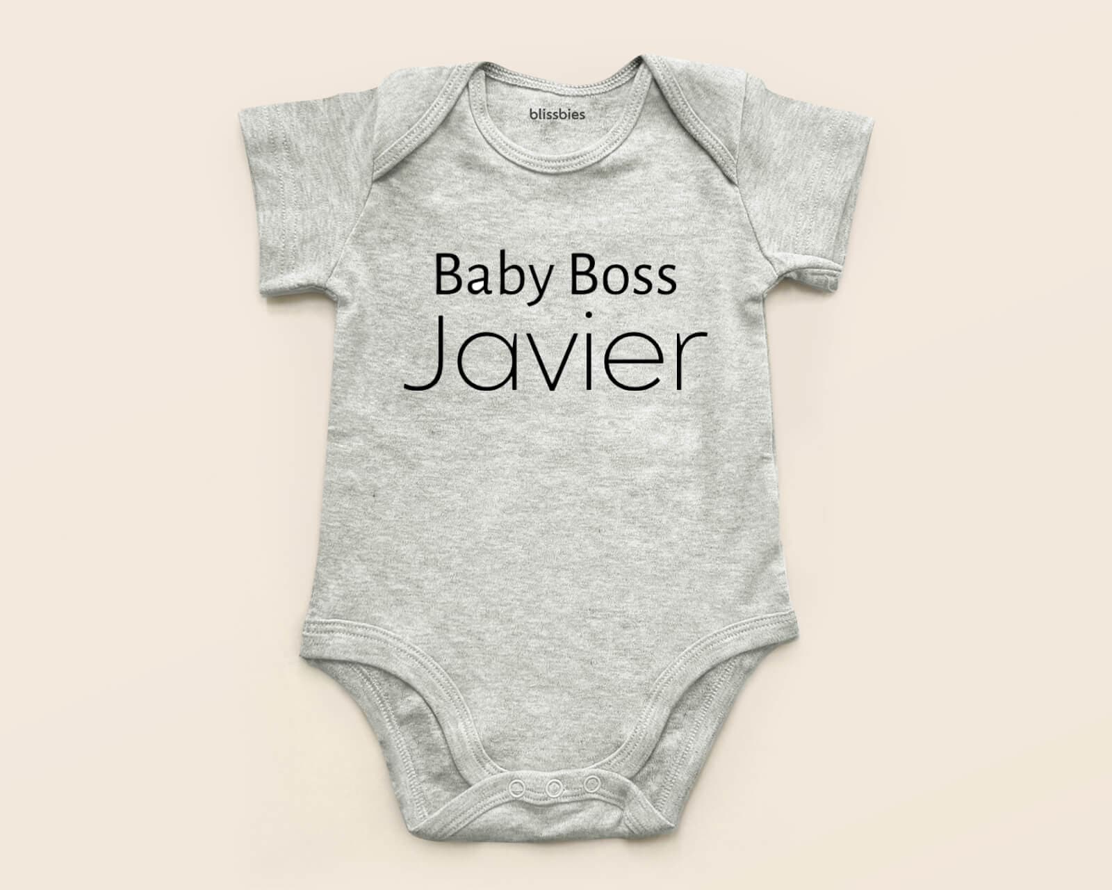 Personalised Baby Romper – Baby Boss – grey romper, baby boss design