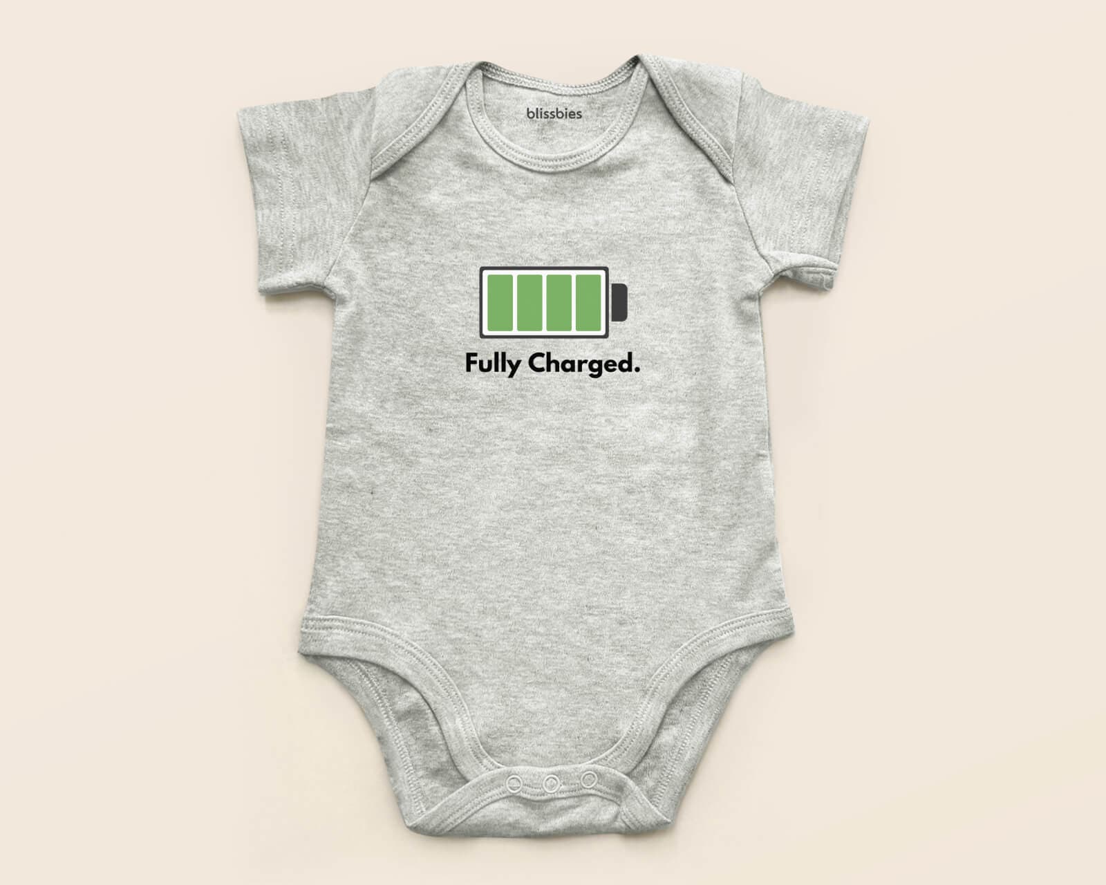 Personalised Baby Romper โ Fully Charged Cutie โ grey romper, battery charged design