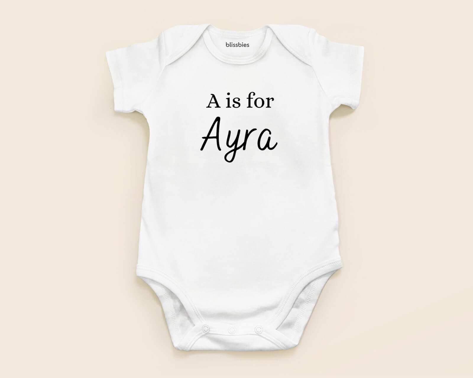 Personalised Baby Romper – “Alphabet Is For” – white romper, alphabet design