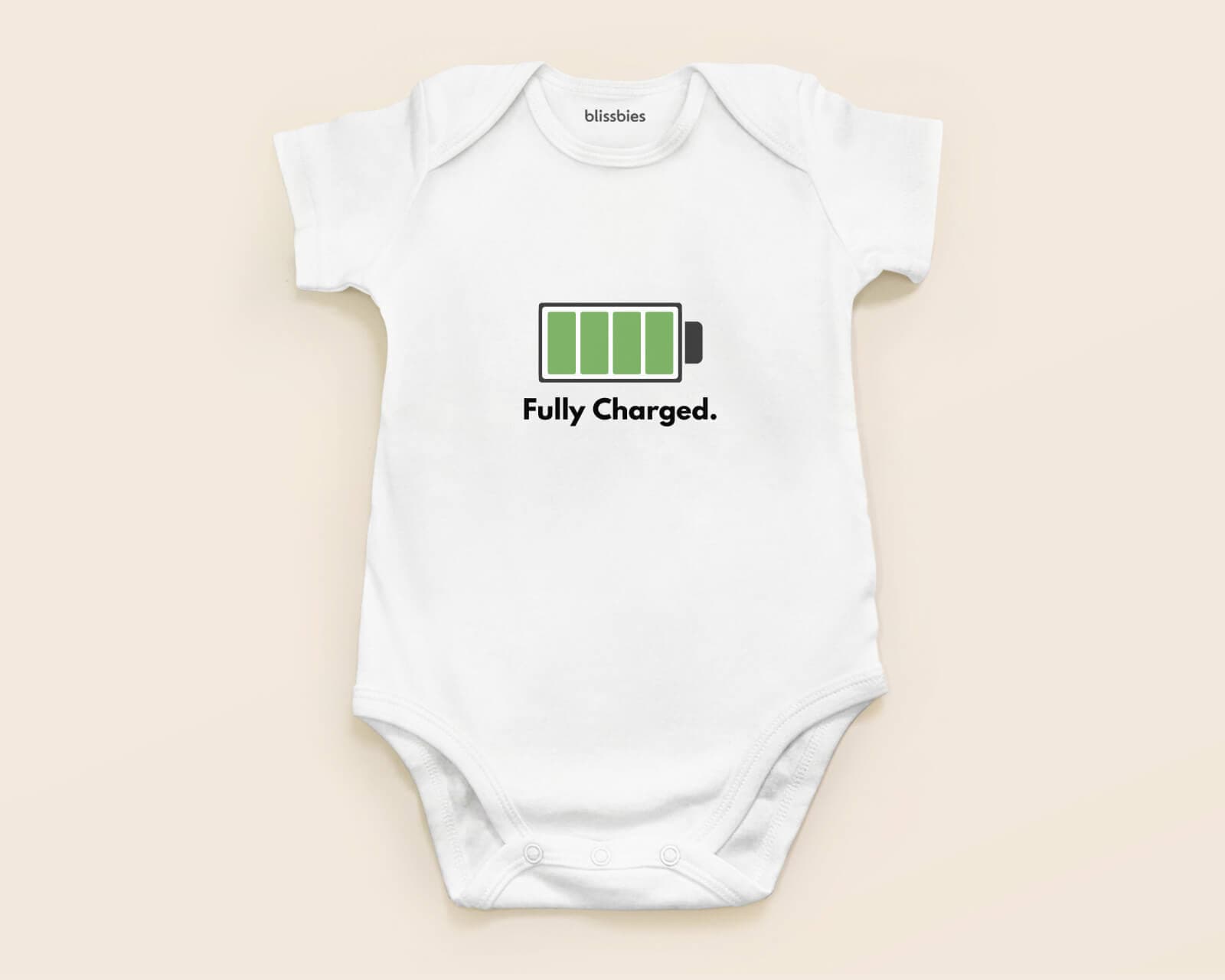 Personalised Baby Romper – Fully Charged Cutie – white romper, battery charged design