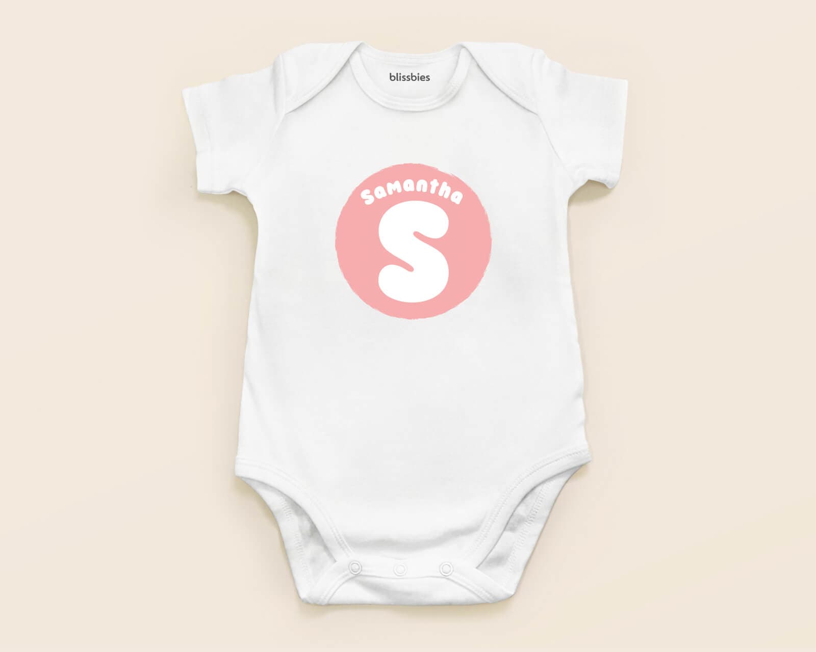 Personalised Baby Romper – Circular Alphabet – white romper, milestone style 3 custom design