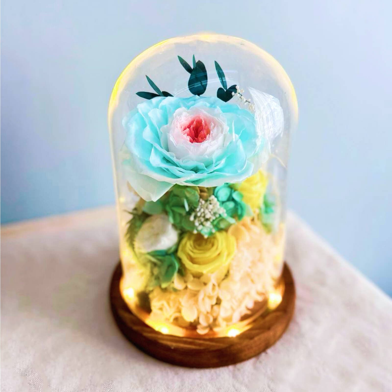 Aquatic Blue Yellow-Green Preserved Flower Dome – yellow green preserved flowers typea rose