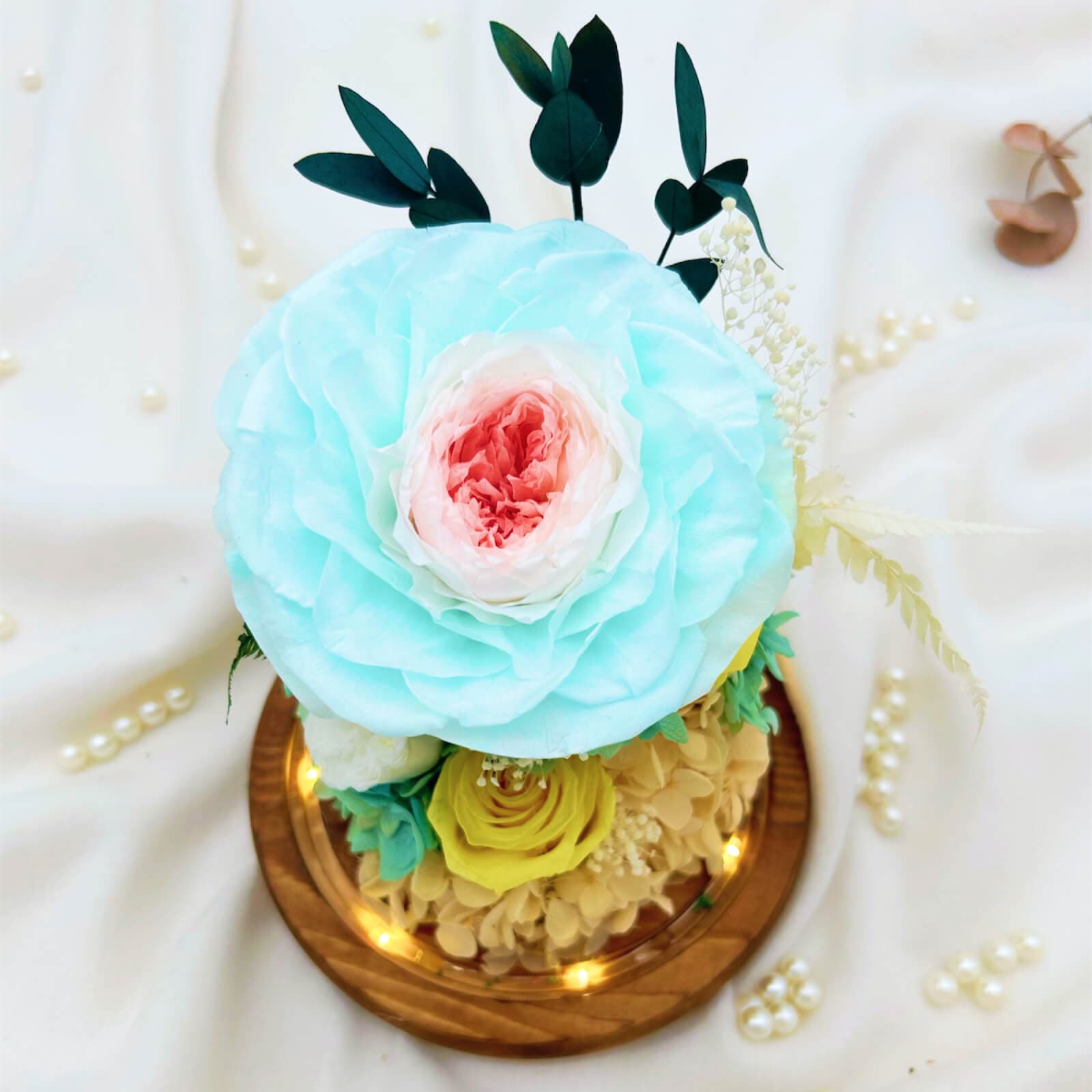 Aquatic Blue Yellow-Green Preserved Flower Dome – yellow green preserved flowers typea rose, photo 3