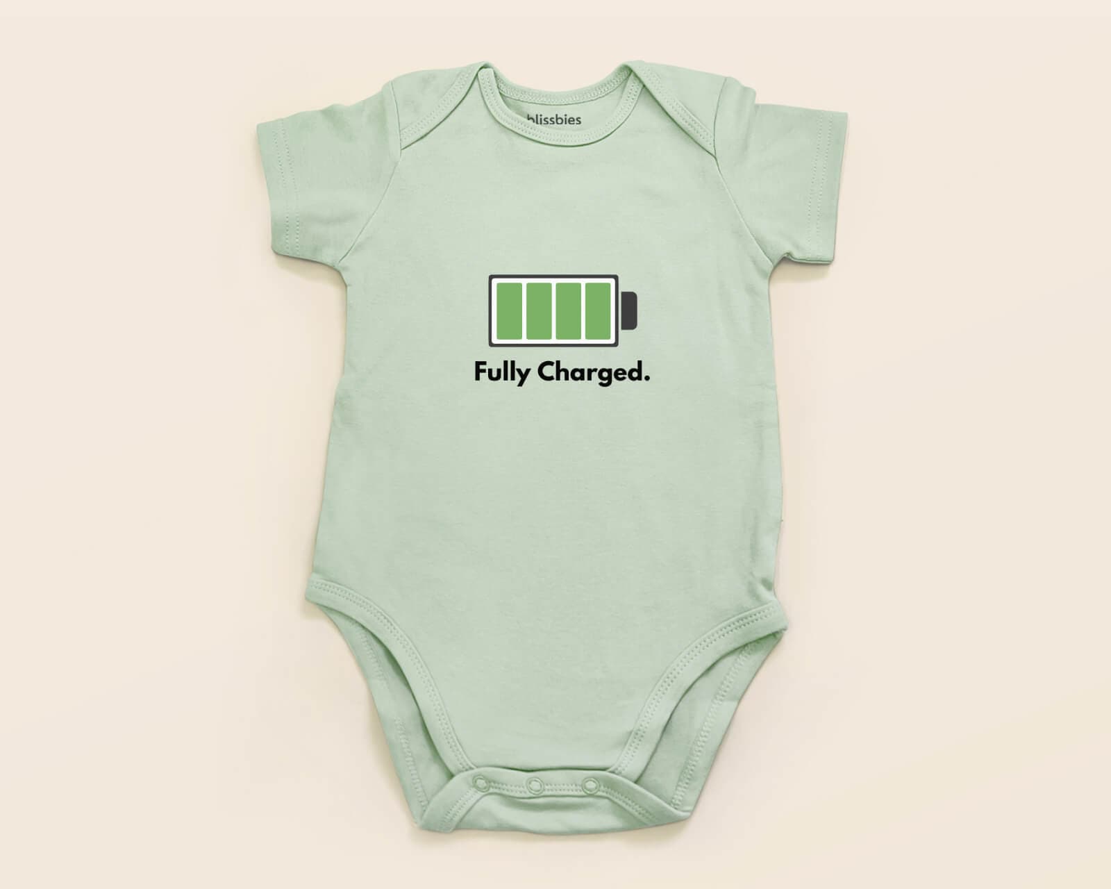 Personalised Baby Romper (Fully Charged Cutie) – green romper, battery charged design
