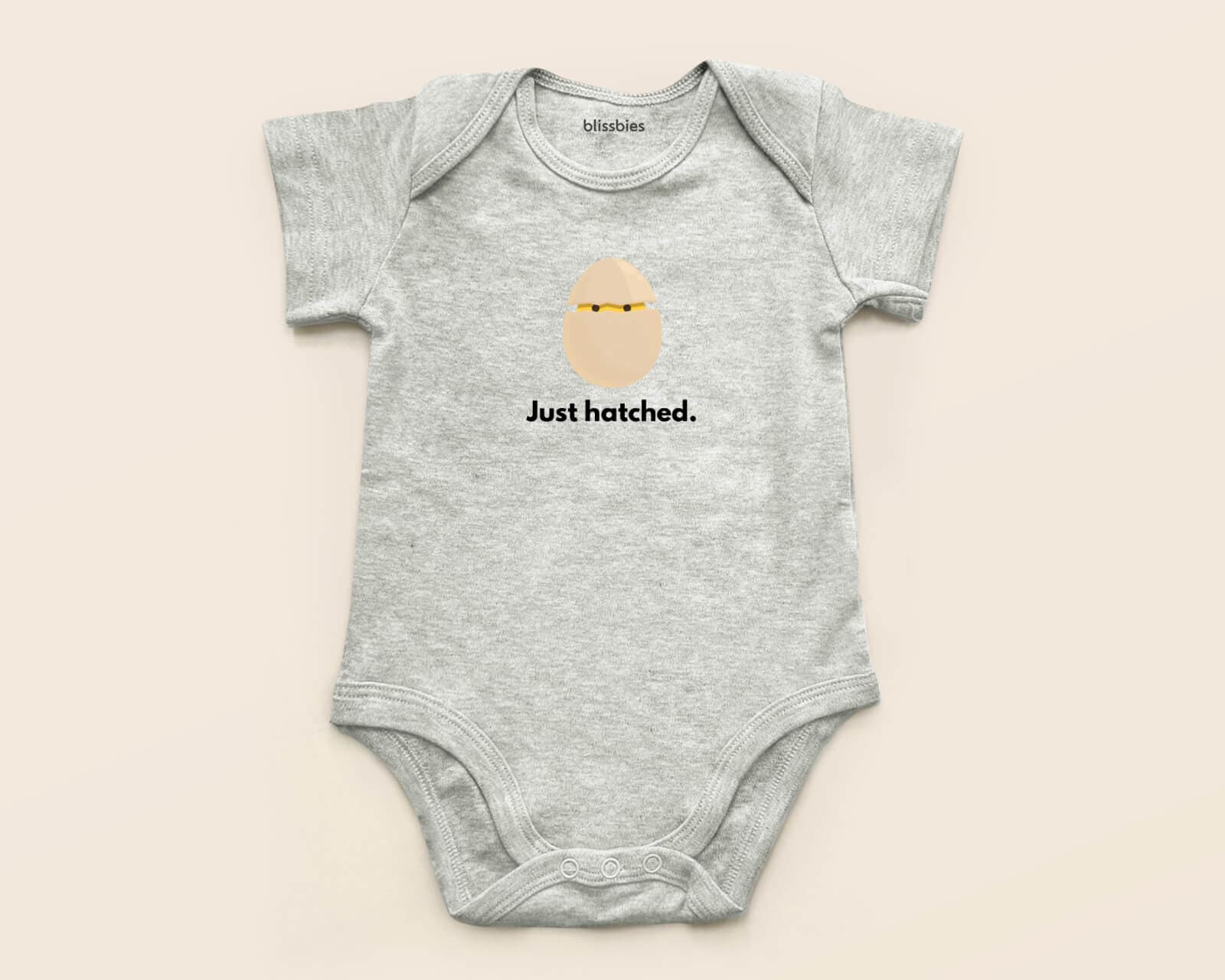Personalised Baby Romper – Just Hatched – grey romper, egg hatched design