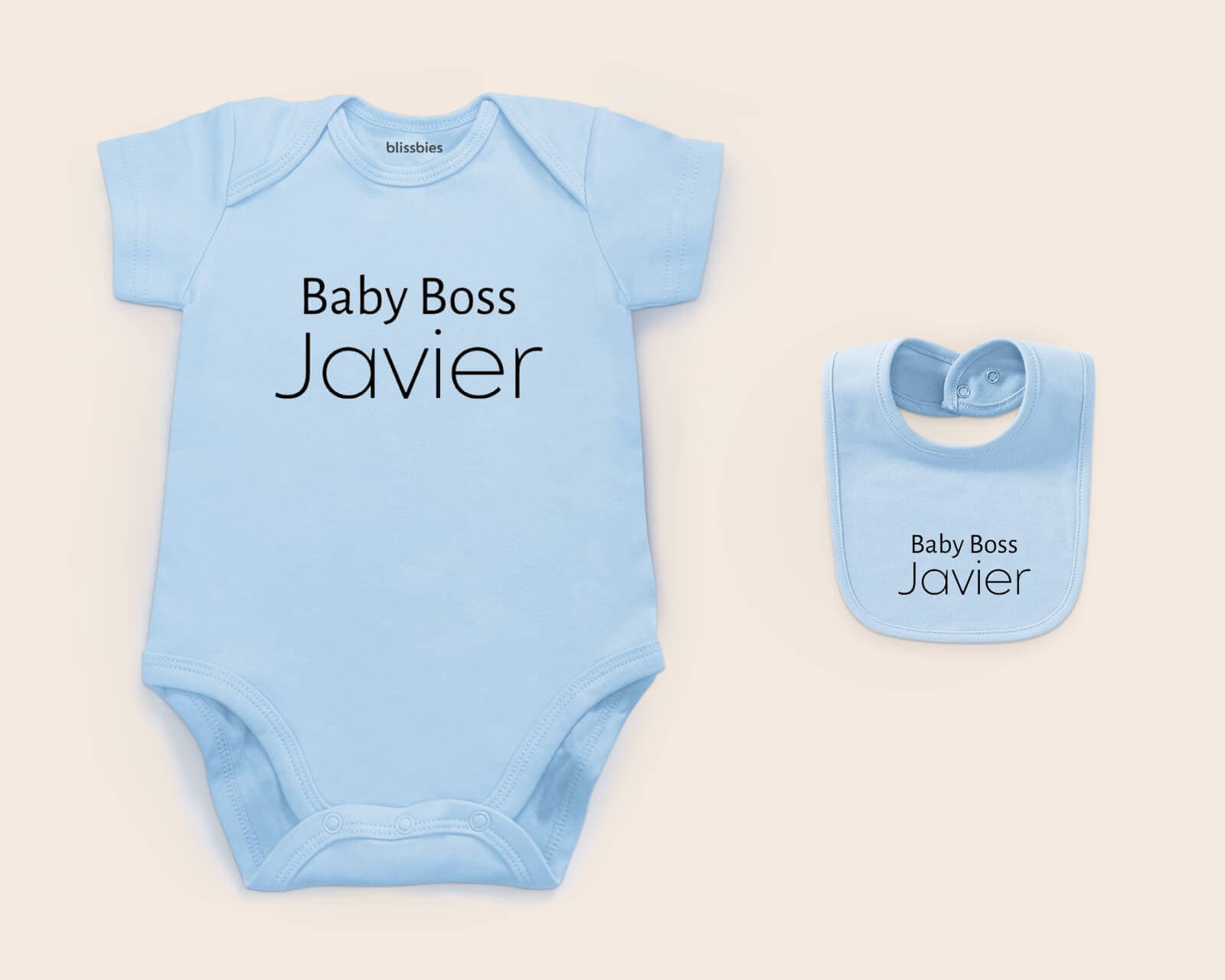 Name Adventure β blue romper & bib, baby boss design