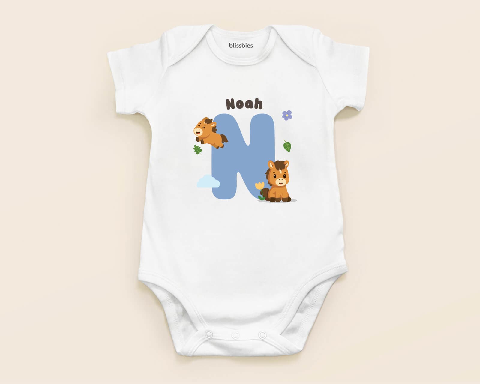 Personalised Baby Romper – Alphabet Style – white romper, milestone style 4 custom design