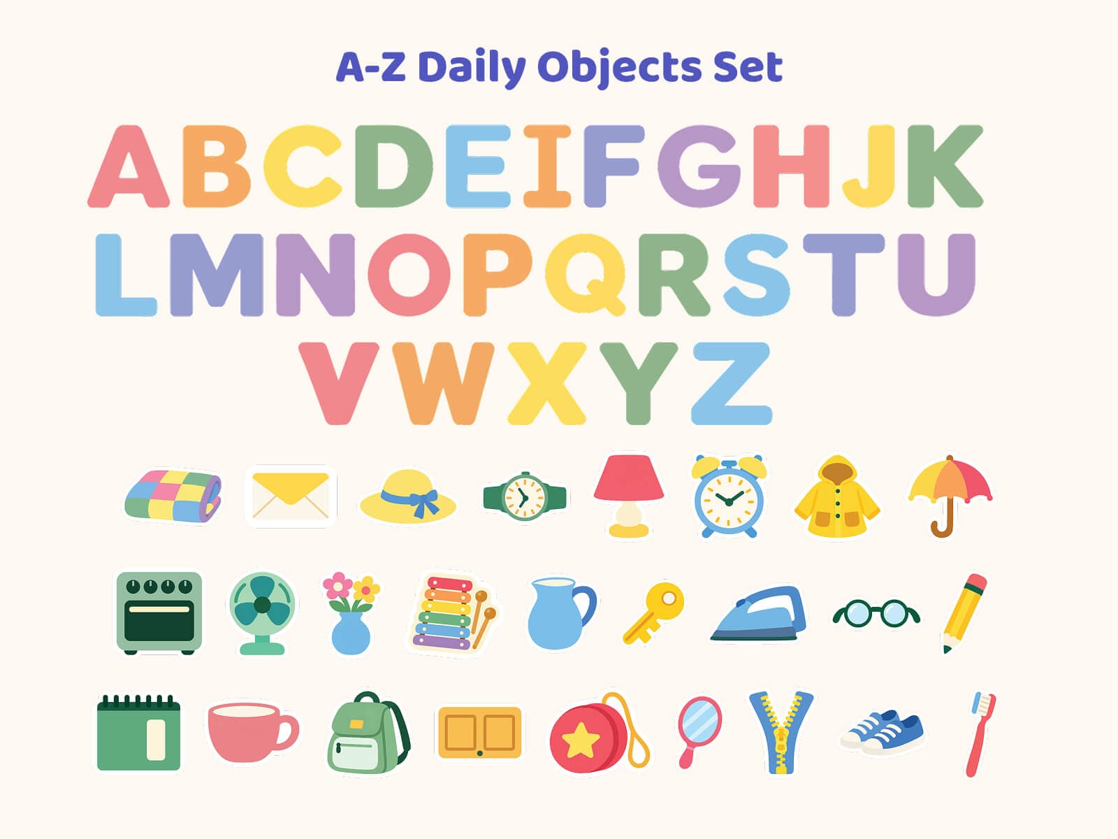 Learning Wall Decals: A-Z Daily Objects – A-Z daily objects set: 26 letters and 26 everyday objects