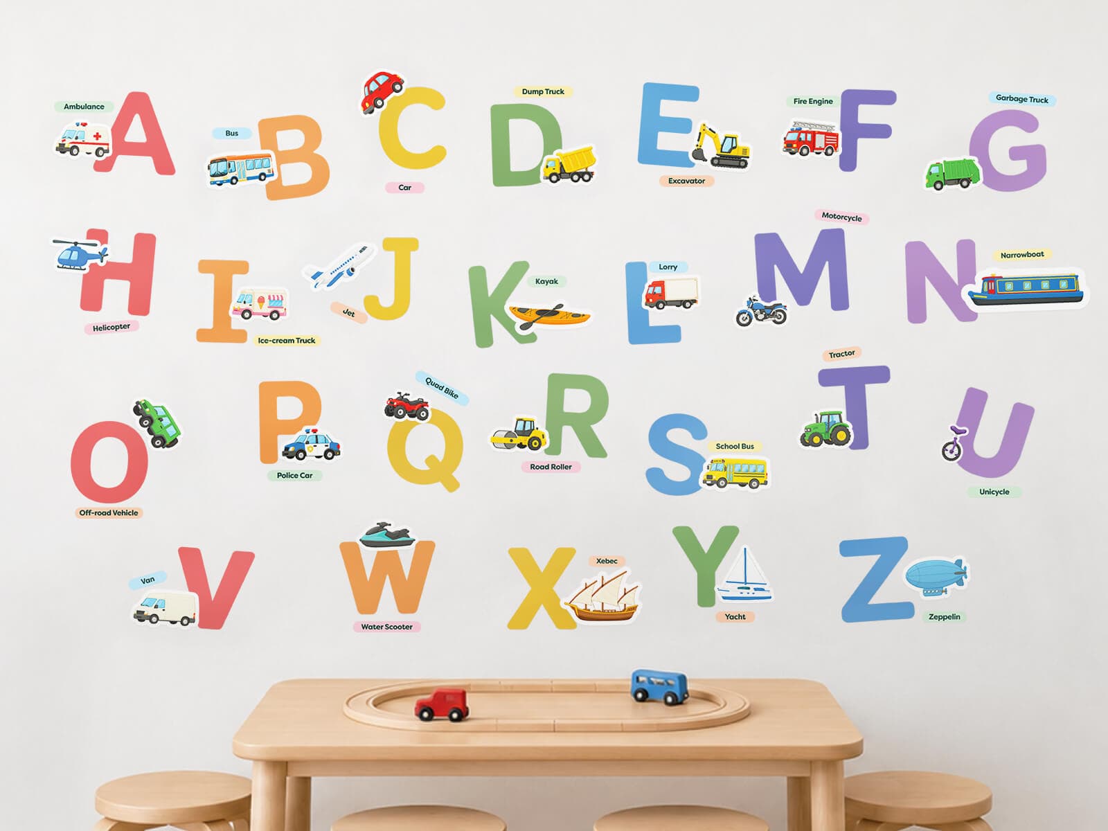 Learning Wall Decals: A-Z Vehicles – A-Z vehicles wall decals above a play table (video)