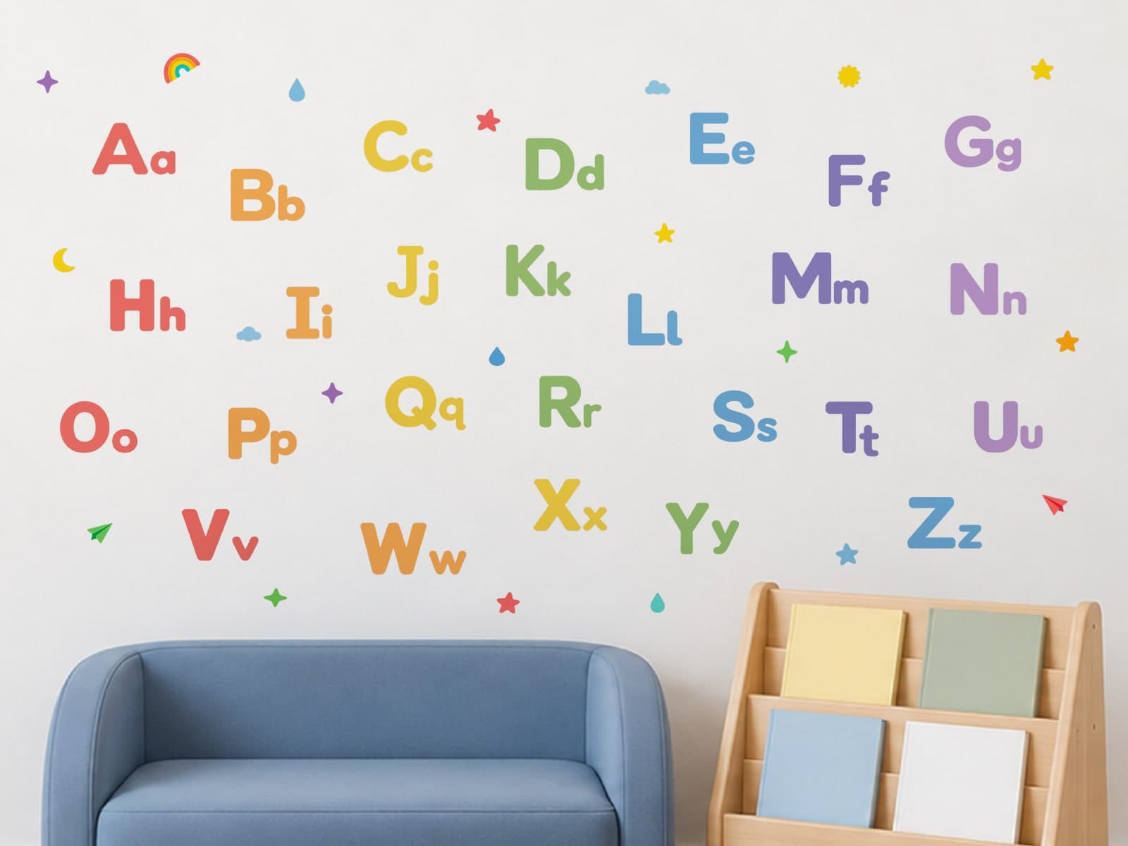 Learning Wall Decals: Alphabet A-Z & a-z – Rainbow alphabet A-Z and a-z wall decals in a reading corner