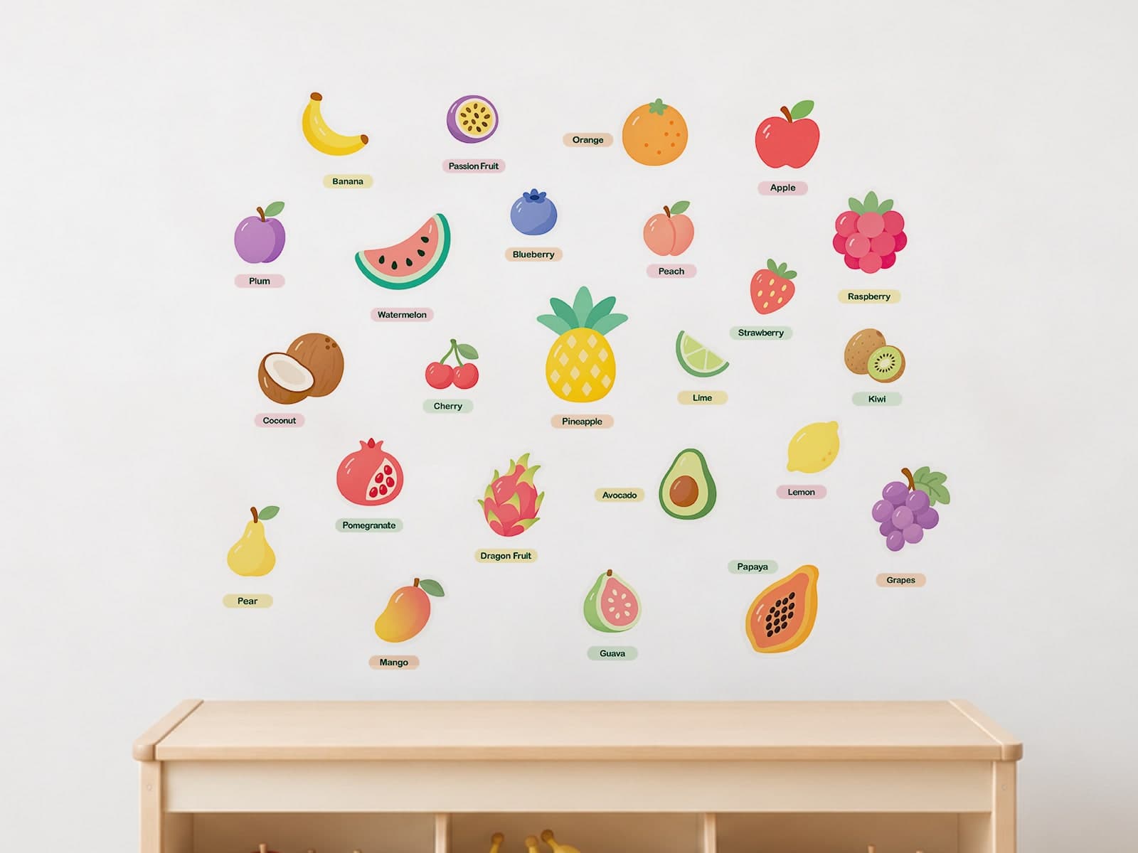 Learning Wall Decals: Fruits – Fruit wall decals with name labels above a toy shelf