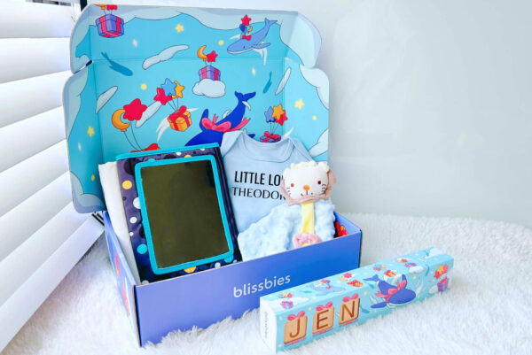 Blue personalised baby gift set banner
