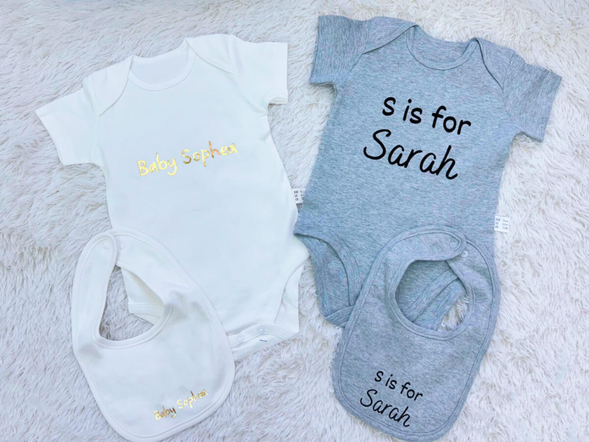 Personalised newborn baby romper gift set with white and grey rompers