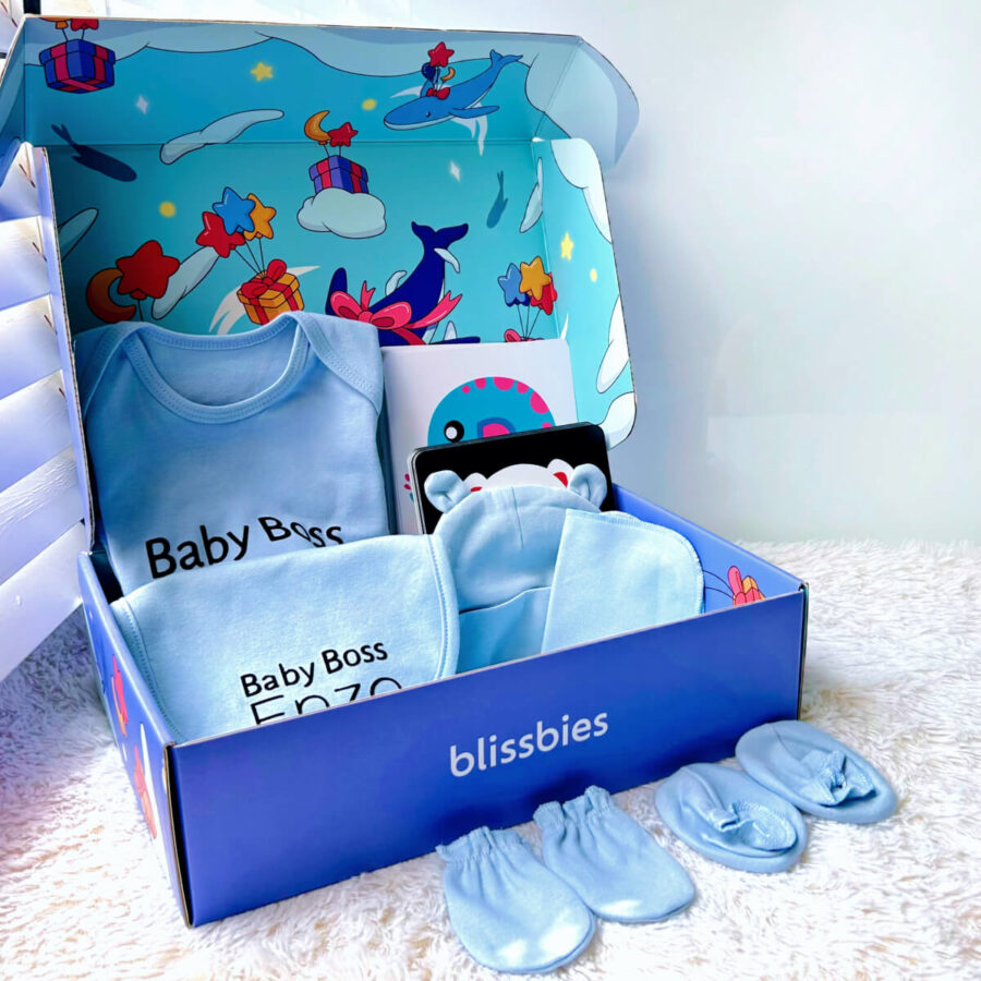 Blue essential baby gift set photo