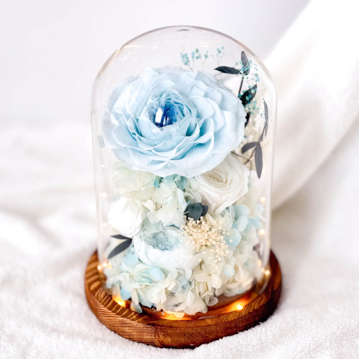 Aqua blue rose preserved flower dome