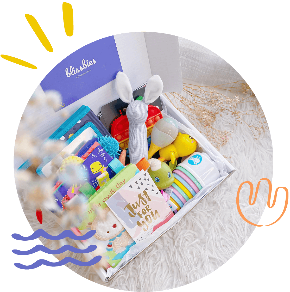 Blissbies baby hamper with educational toys inside