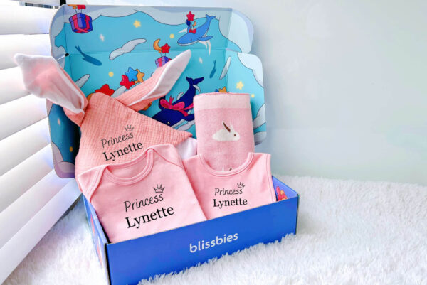 Pink strawberry personalised baby gift set with romper, blanket, towel, bib