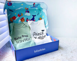 Personalised baby romper gift set with Green & White rompers in our signature box