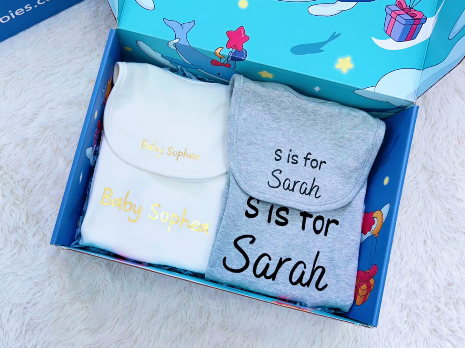 Personalised baby romper gift set with white and grey rompers