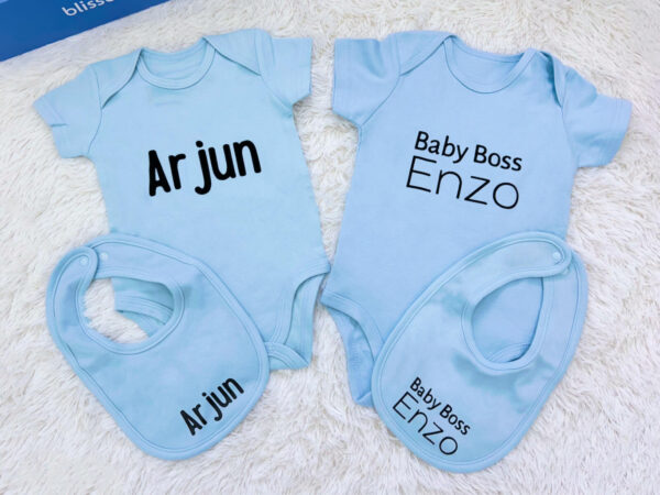 Blue personalised baby romper gift set